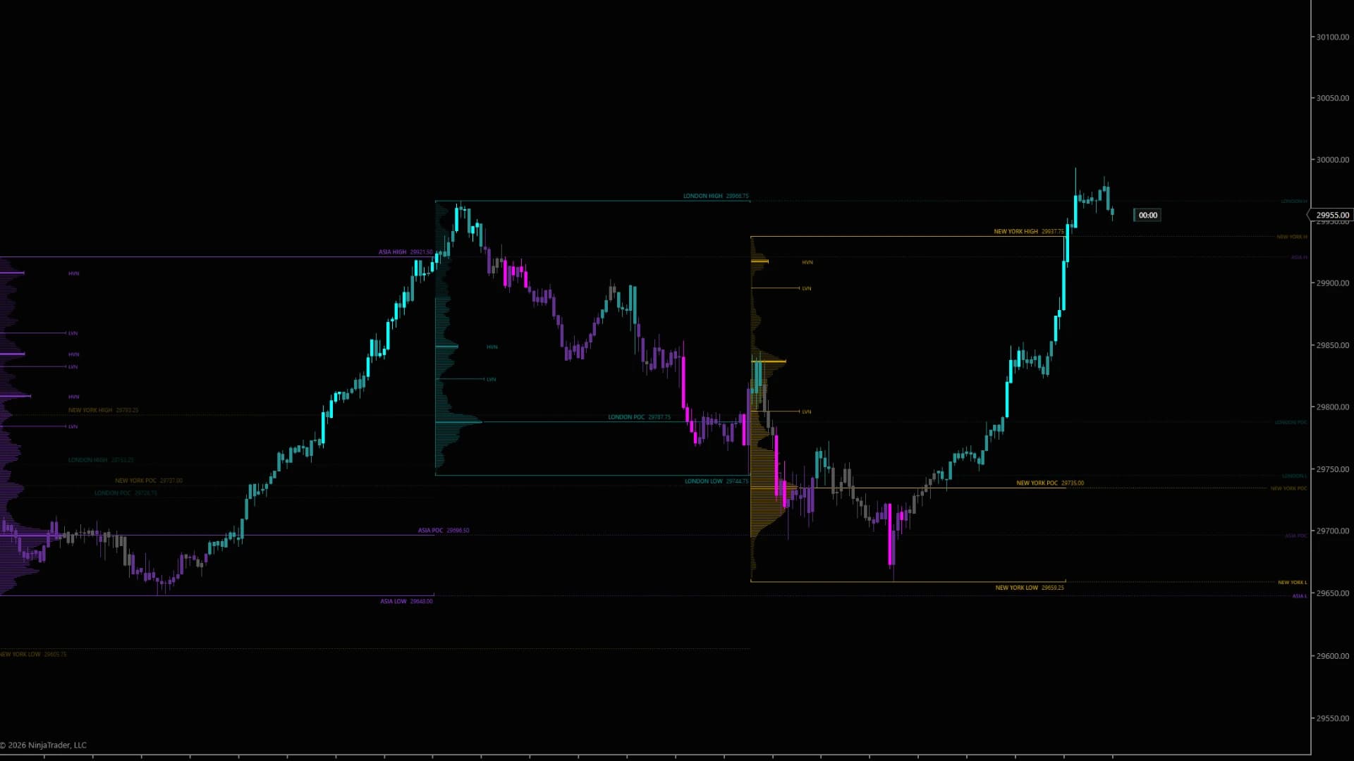 DS Pro Session Levels on a NinjaTrader 8 chart — Asia, London and New York, each with its volume profile inside its bracket — HVN and LVN marked, the POC drawn as a level beside the high and low.