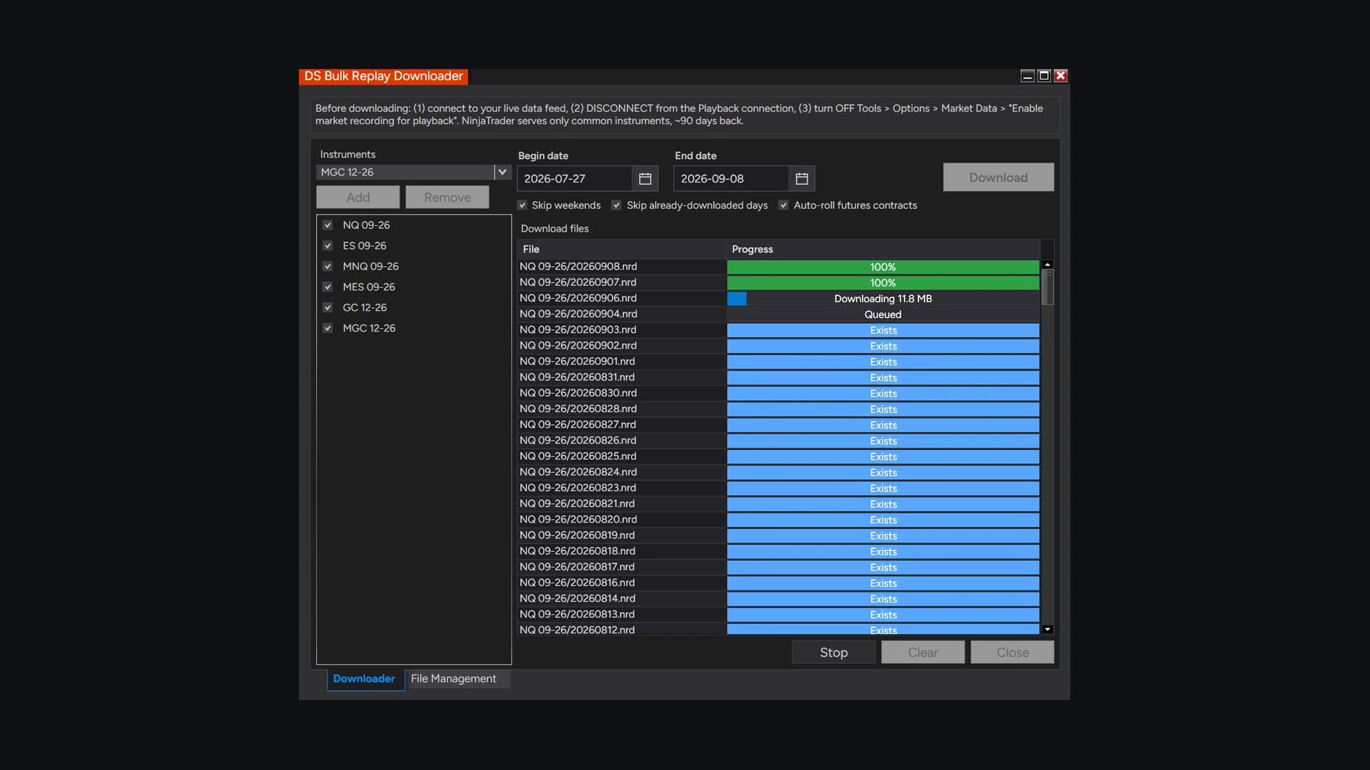 DS Bulk Replay Downloader on a NinjaTrader 8 chart