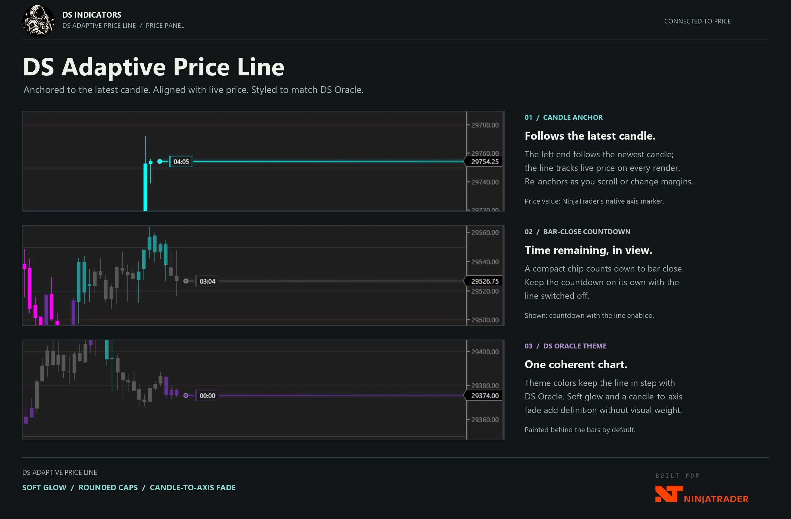 DS Adaptive Price Line product guide — Anchored to the latest candle, aligned with live price.