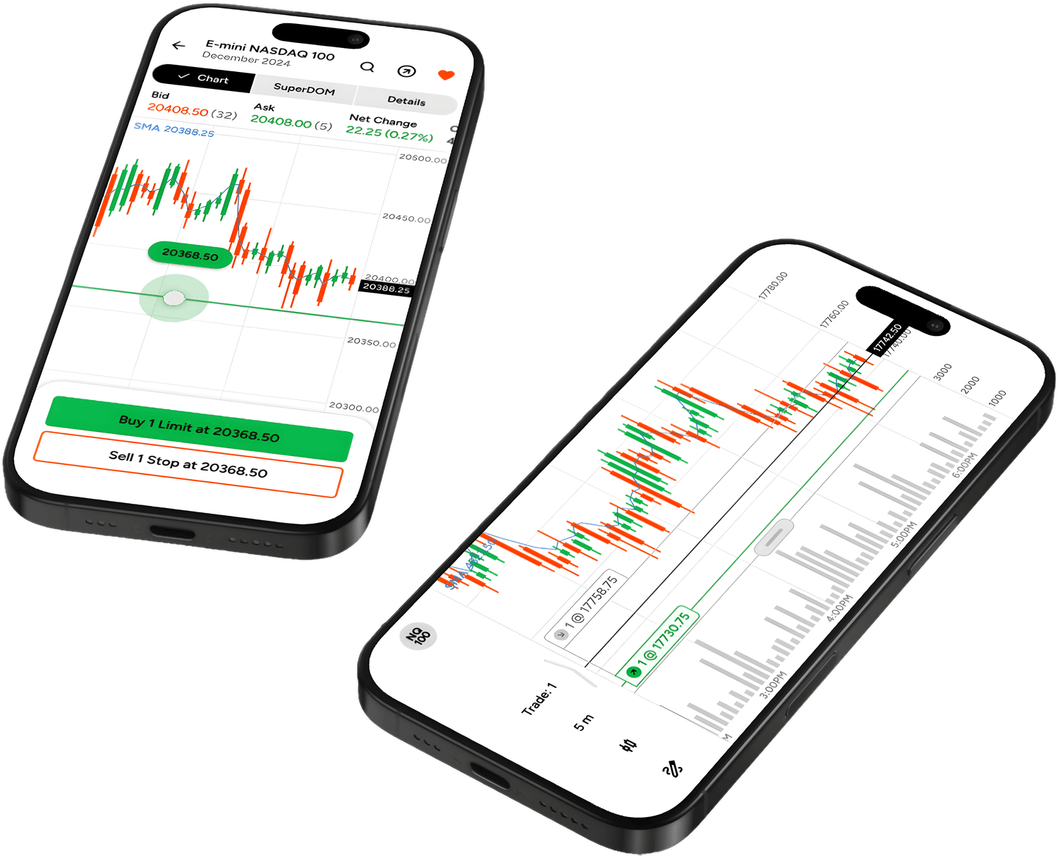 The NinjaTrader mobile app running on two phones