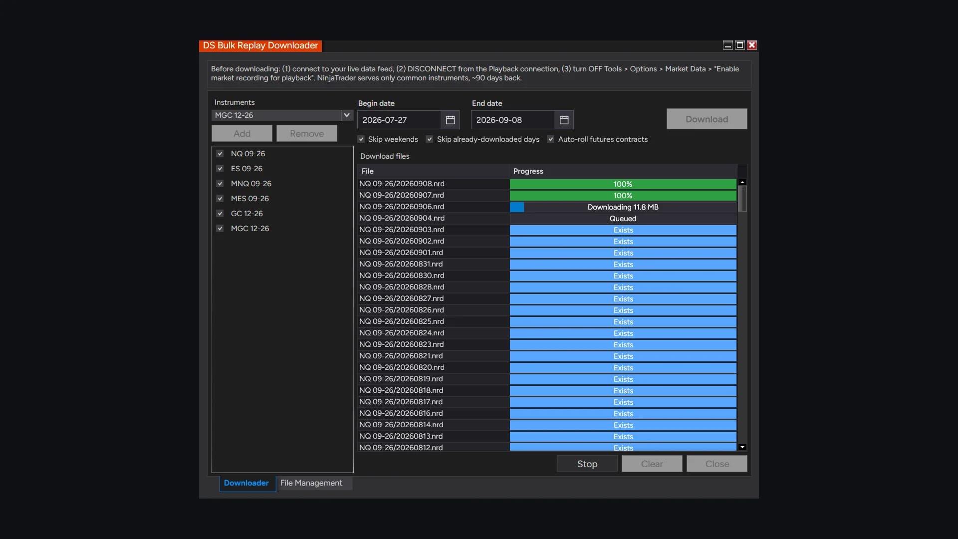 DS Bulk Replay Downloader — The download queue, file by file