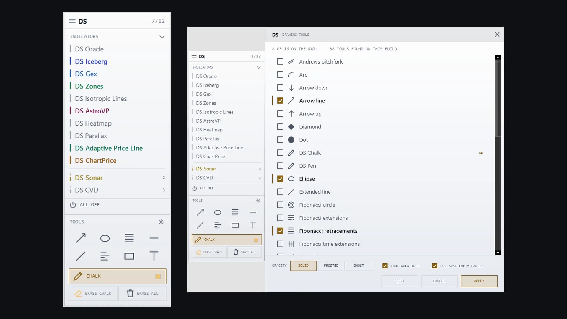 DS Toolkit — The dock and the drawing-tool picker, side by side